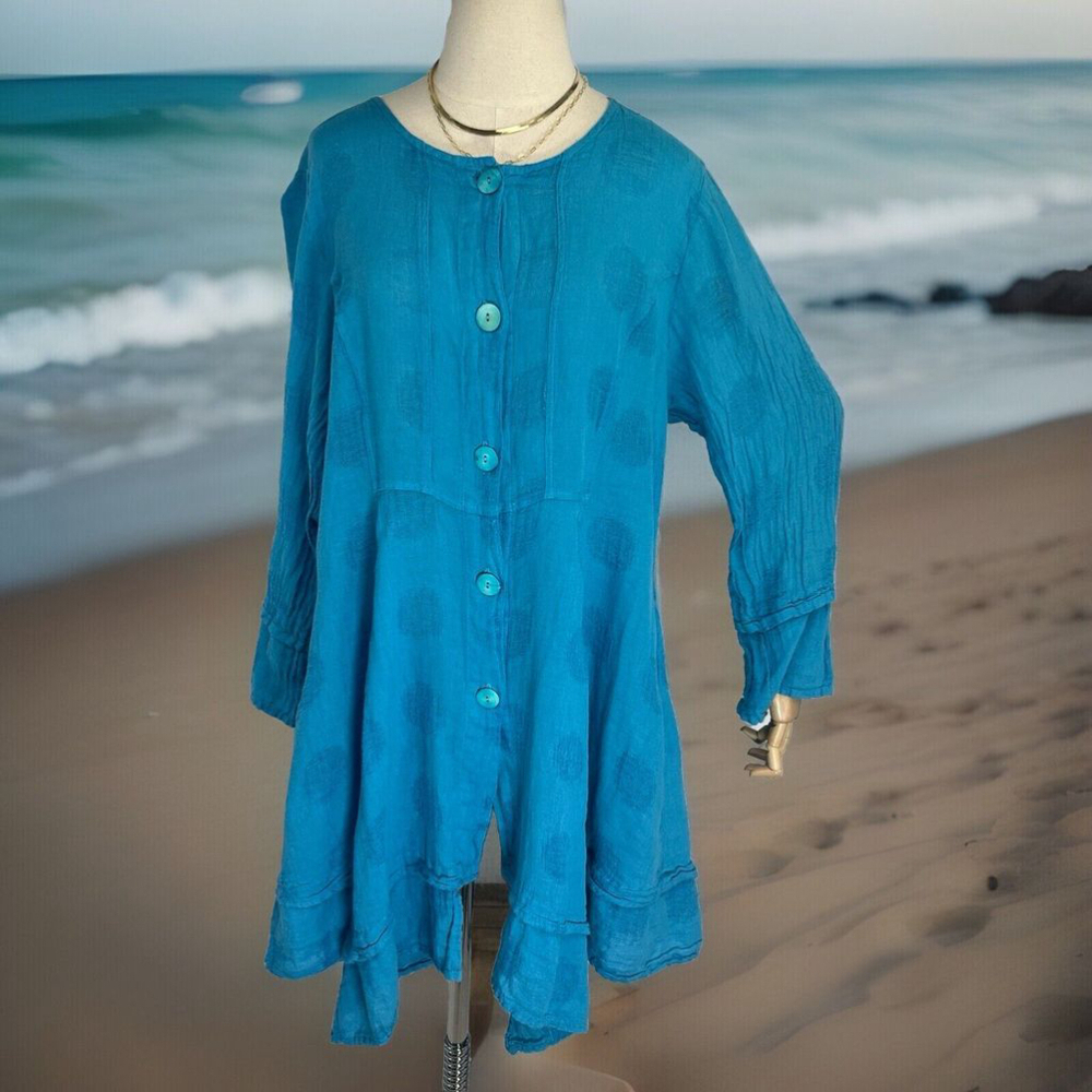 Grizas Womens Blue Tunic Dress XL 100% Linen Button Pockets Crinkle Lagenlook